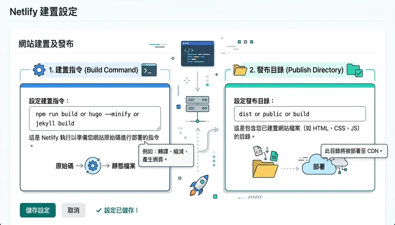 Netlify Build 設定畫面:Build command 和 Publish directory