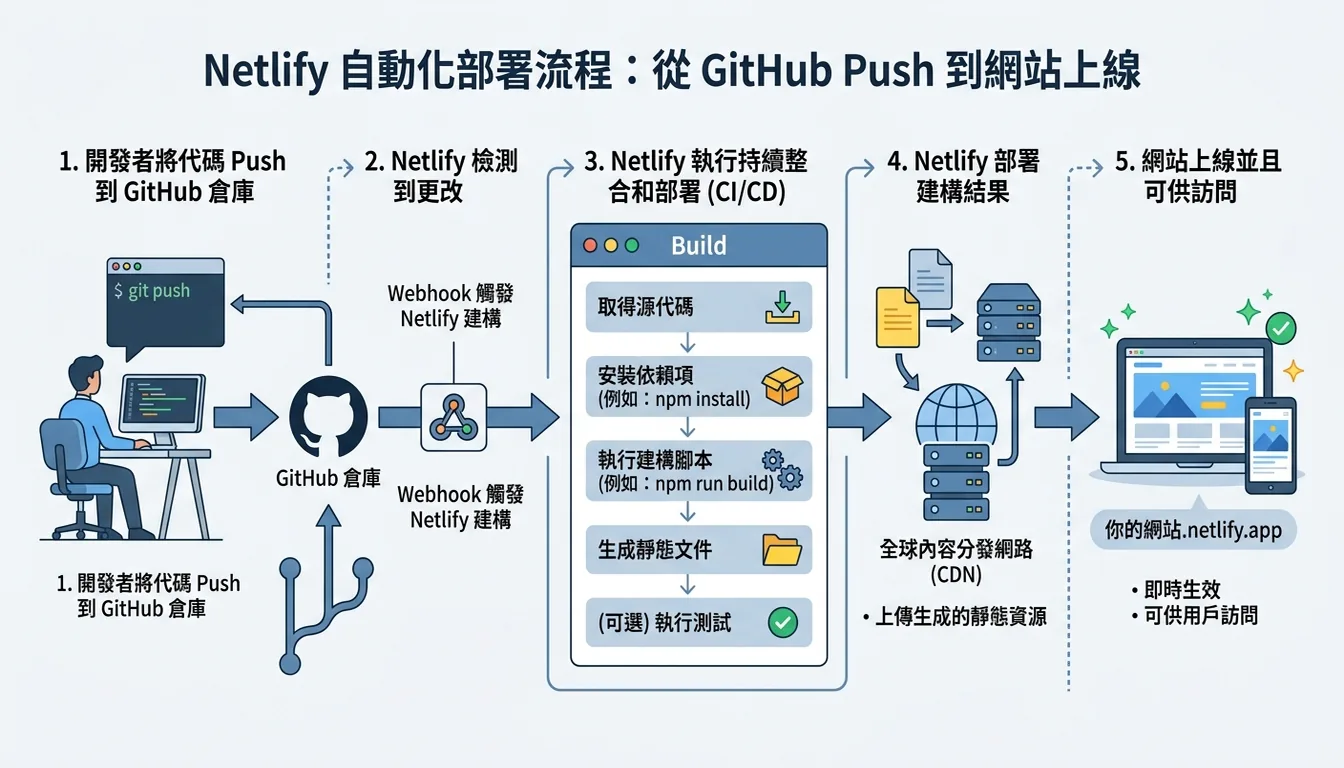 Netlify 部署流程圖:從 GitHub Push 到網站上線
