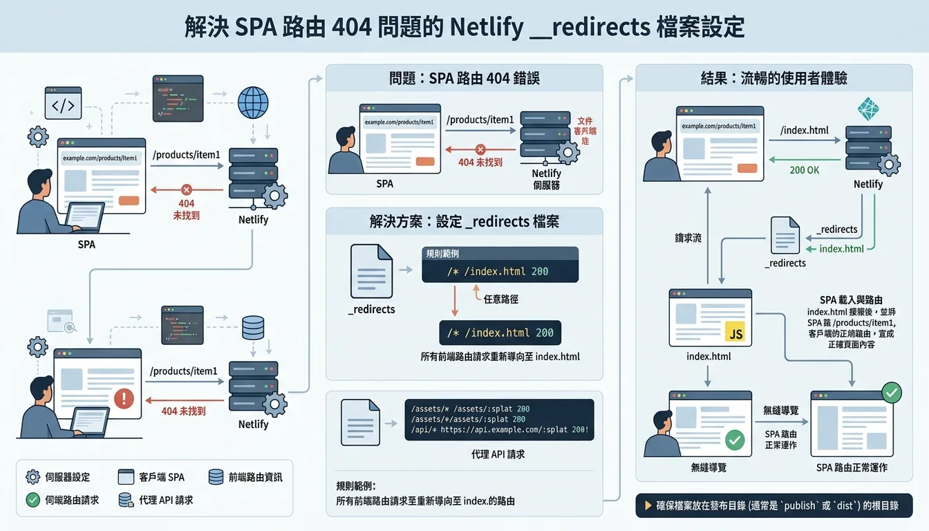 Netlify _redirects 檔案設定:解決 SPA 路由 404 問題