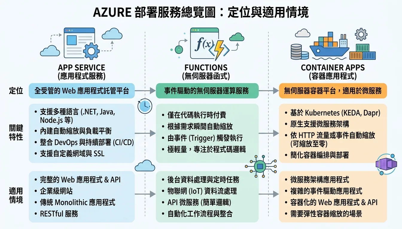 Azure 部署服務總覽圖:App Service、Functions、Container Apps 三種服務的定位與適用情境