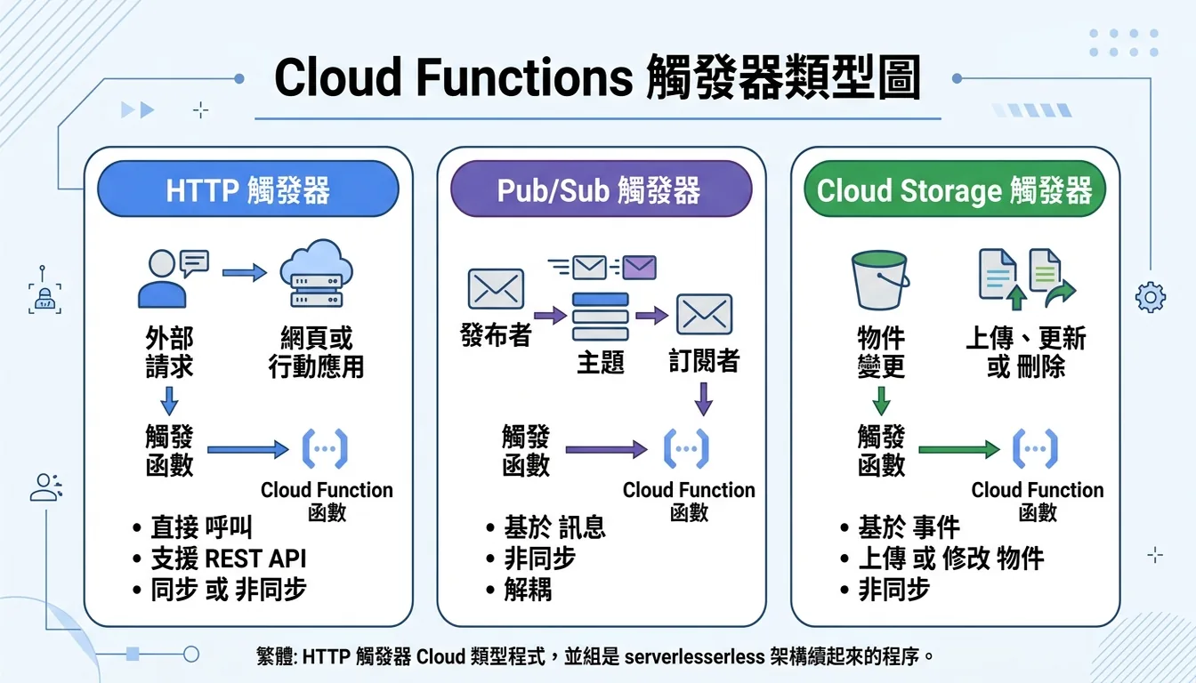 Cloud Functions 觸發器類型圖:HTTP、Pub/Sub、Cloud Storage 三種觸發方式
