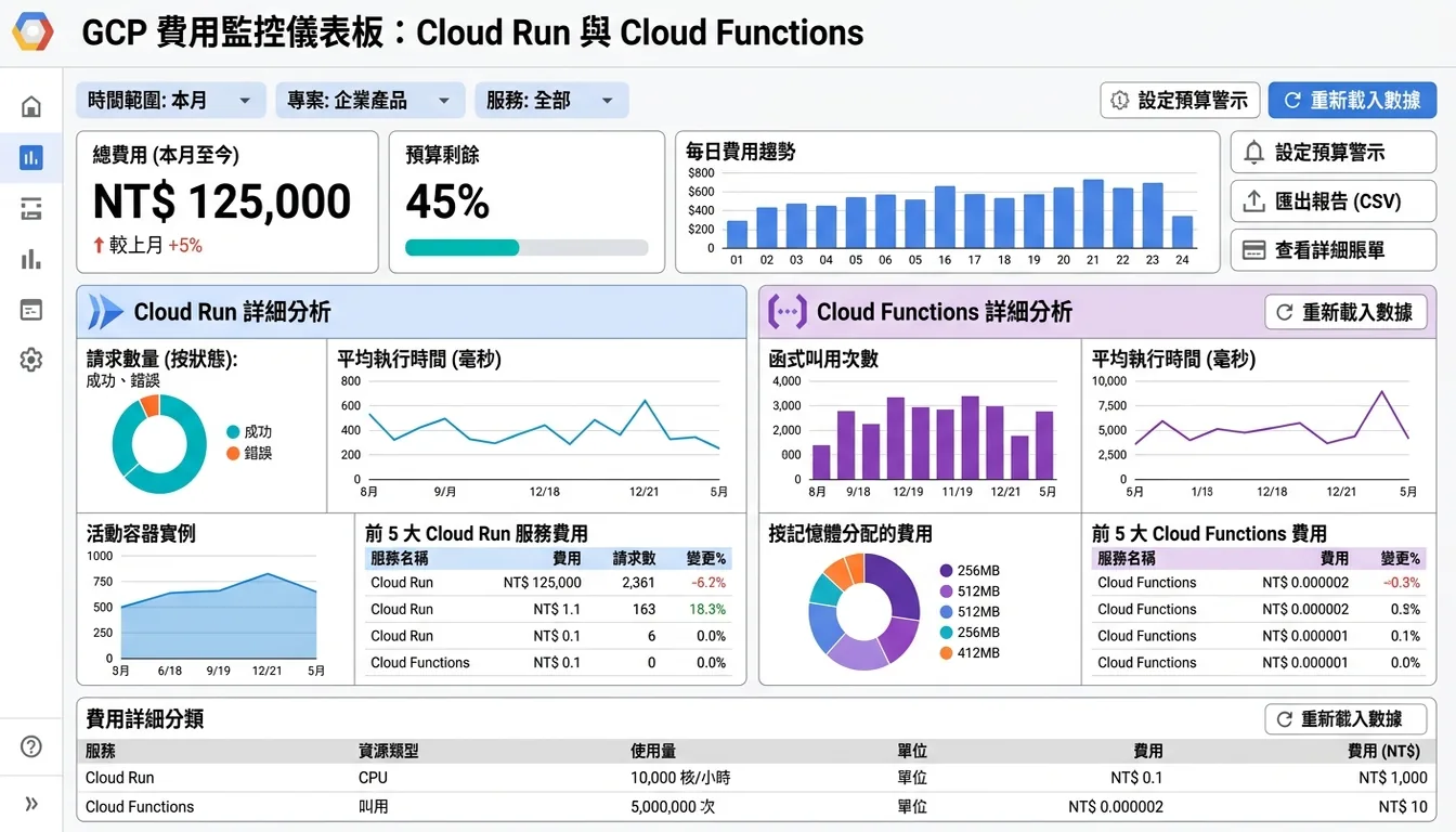 GCP 費用監控儀表板:顯示 Cloud Run 和 Cloud Functions 的使用量與費用