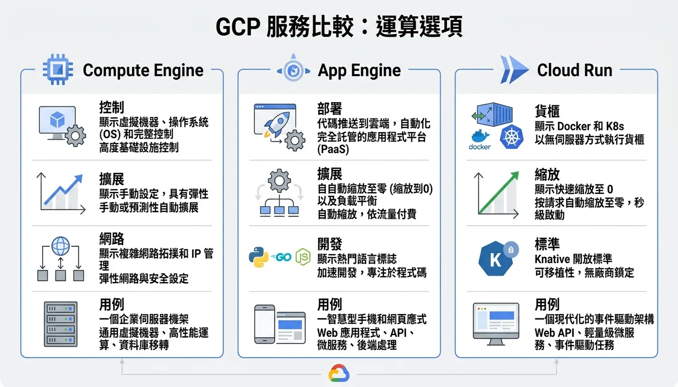 GCP 服務比較圖:Compute Engine、App Engine、Cloud Run 並排展示各自適用情境