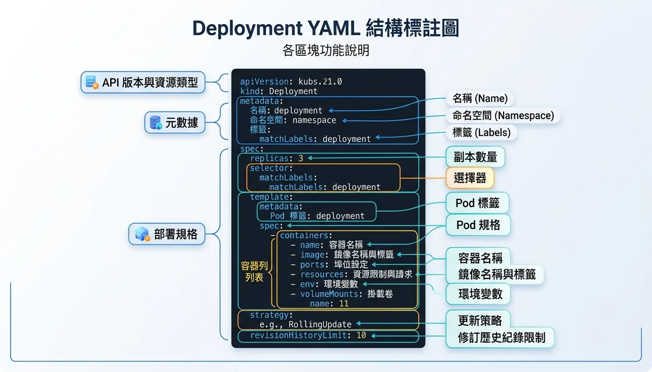 Deployment YAML 結構標註圖:各區塊功能說明