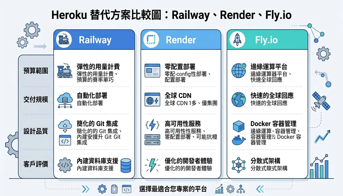 Heroku 替代方案比較圖:Railway、Render、Fly.io
