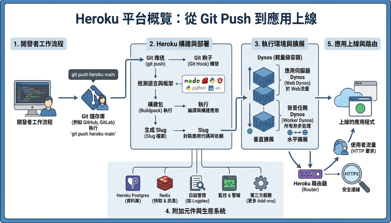 Heroku 平台概覽圖:從 Git Push 到應用上線的流程