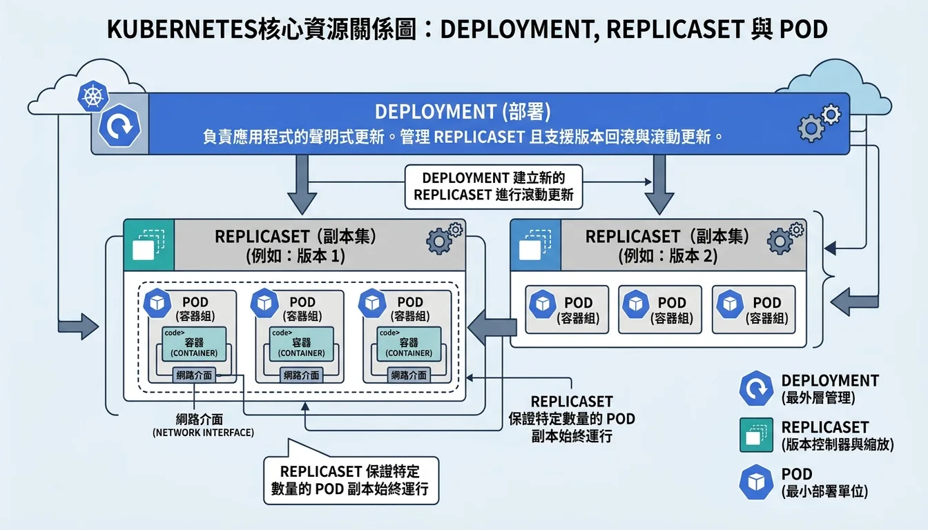 Pod、ReplicaSet、Deployment 的關係圖
