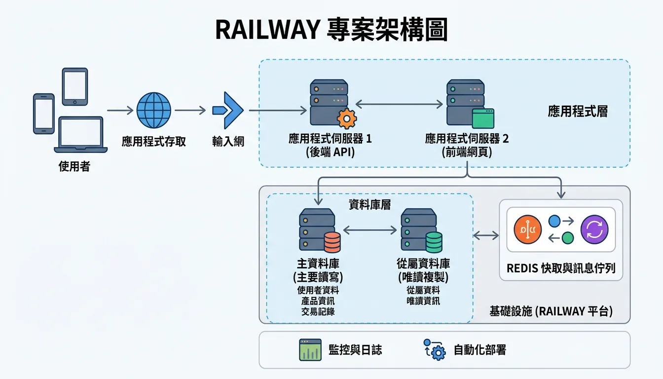 Railway 專案架構圖：App + Database + Redis 的組合